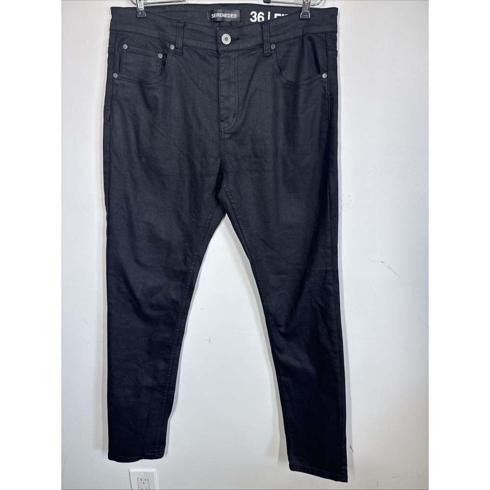 Serenade Mens 36x32 Black Waxed Fitted Denim Jeans Stretch Streetwear Hip-Hop